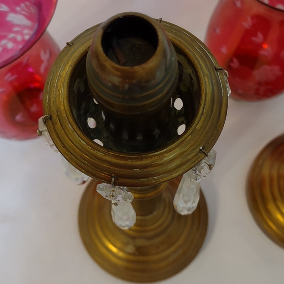 Antique Russian Brass Spring Loaded Candle Holders w/Etched Cranberry Globes - Picture 9 of 13